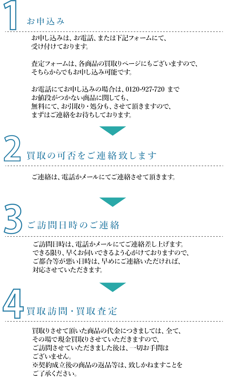 出張買取
1.お申込み
お申し込みは、お電話、または下記フォームにて、受け付けております。
査定フォームは、各商品の買取りページにもございますので、
そちらからでもお申し込み可能です。
お電話にてお申し込みの場合は、0120-927-720 まで
お値段がつかない商品に関しても、無料にて、お引取り・処分も、
させて頂きますので、まずはご連絡をお待ちしております。
2.買取の可否をご連絡致します
ご連絡は、電話かメールにてご連絡させて頂きます。
3.ご訪問日時のご連絡
ご訪問日時は、電話かメールにてご連絡差し上げます。
できる限り、早くお伺いできるよう心がけておりますので、
ご都合等が悪い日時は、早めにご連絡いただければ、
対応させていただきます。
4.買取訪問・買取査定
買取りさせて頂いた商品の代金につきましては、全て、その場で
現金買取りさせていただきますので、ご訪問させていただきました
後は、一切お手間はございません。
※契約成立後の商品の返品等は、致しかねますことをご了承ください。